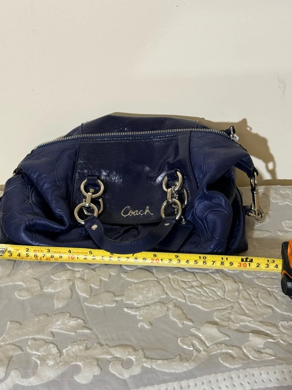 Coach Ashley Embossed Leather Satchel Cobalt Blue Signature Carryall Bag - Picture 9 of 10